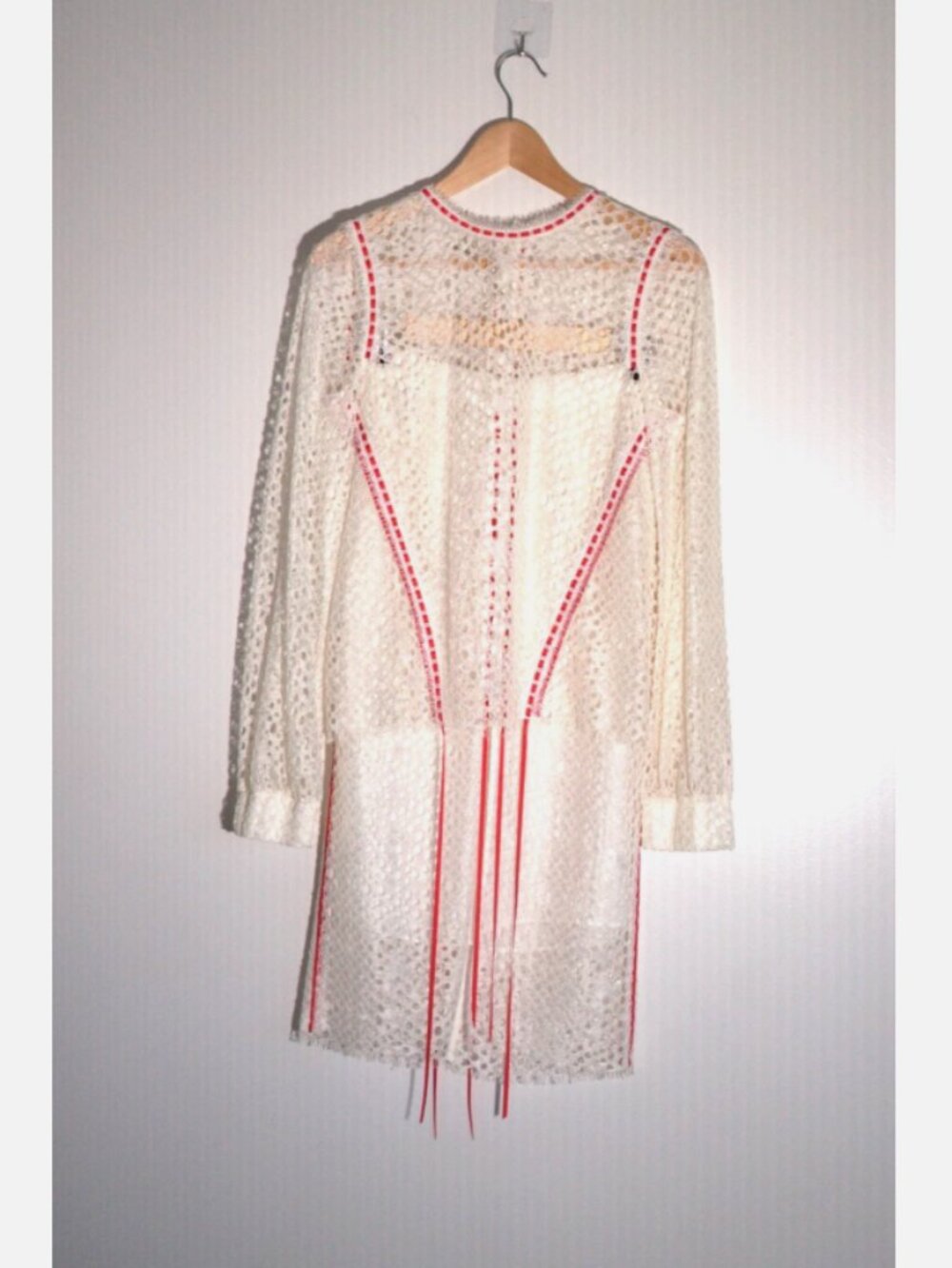 PINKO White Mesh Net Red Contrast Stitch Skirt and Blouse Set Size 4 IT 40